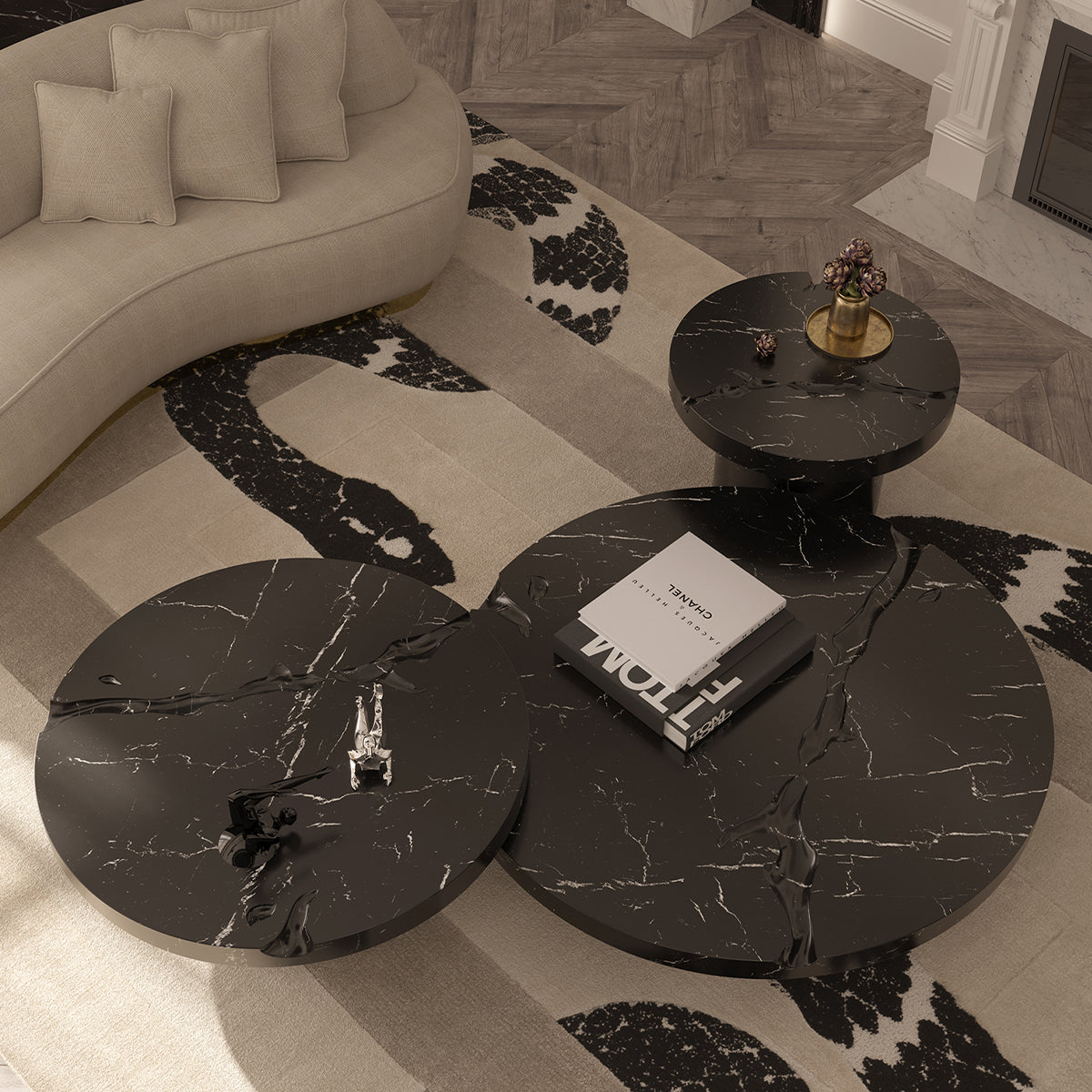 Luxury Gold Coffee Table with Round Glass Top & Sculptural Brass Base Center Tea Table