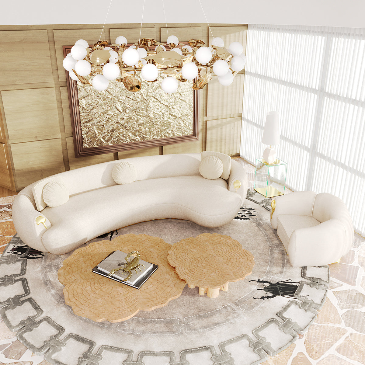 Luxury Patina Brass Coffee Table Set with Round Tiered Tops & Statement Design Center Tea Table