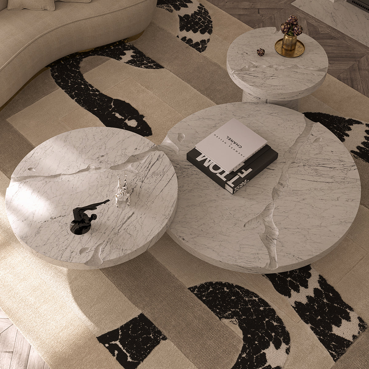 Luxury Gold Coffee Table with Round Glass Top & Sculptural Brass Base Center Tea Table