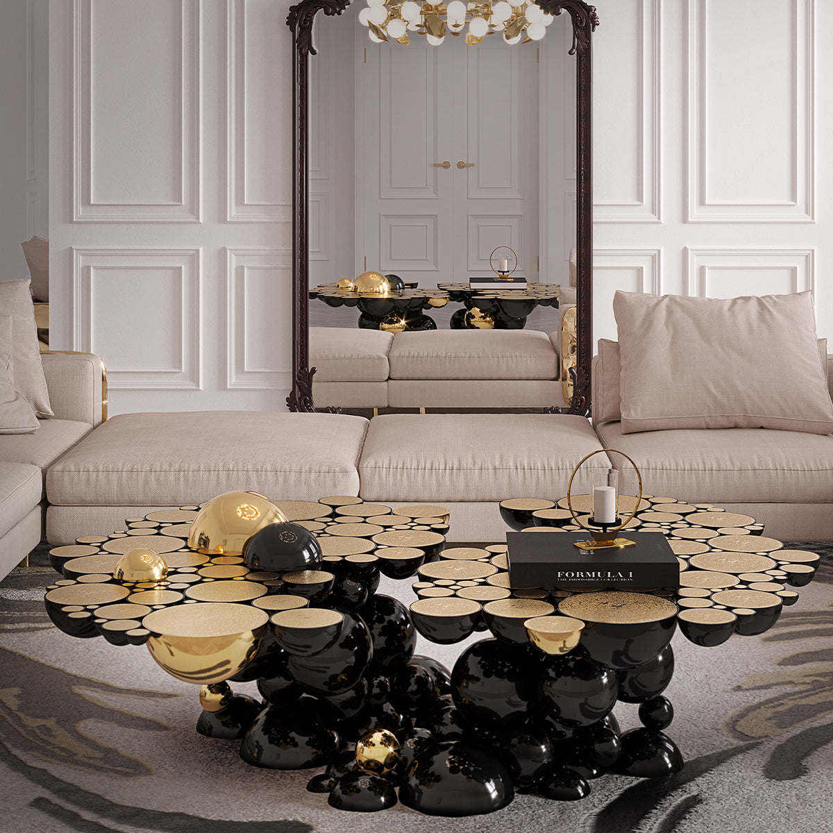 Luxury Sculptural Coffee Table with Gold Sphere Base & Black Glass Top Center Tea Table