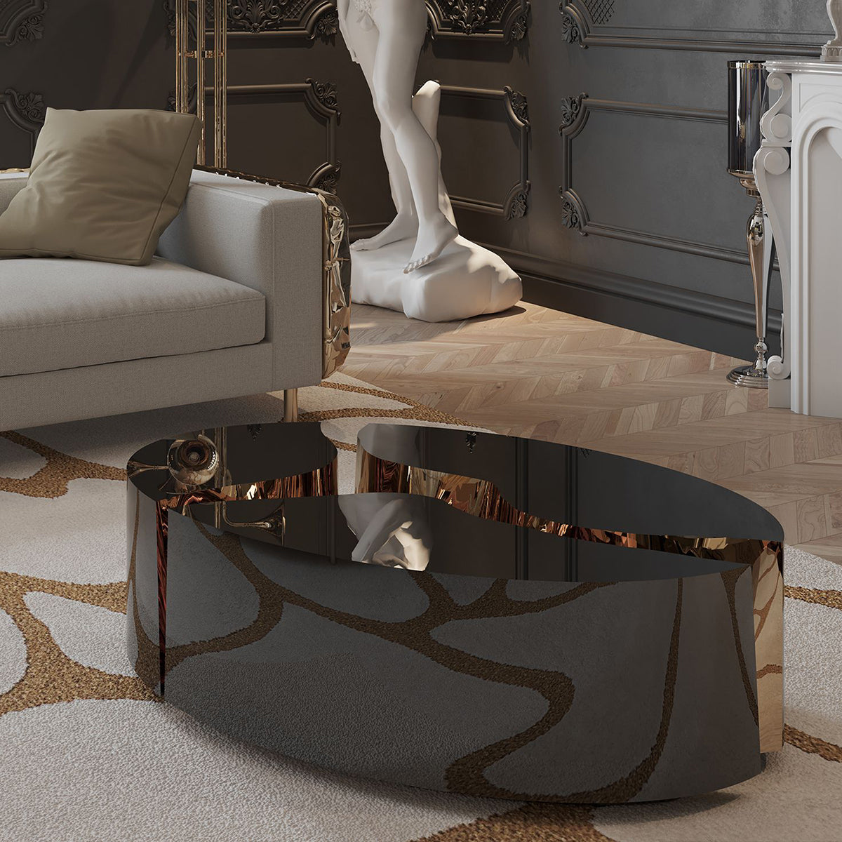 Luxury Oval Coffee Table with Sculptural Brass Accents & High Gloss Finish Center Tea Table