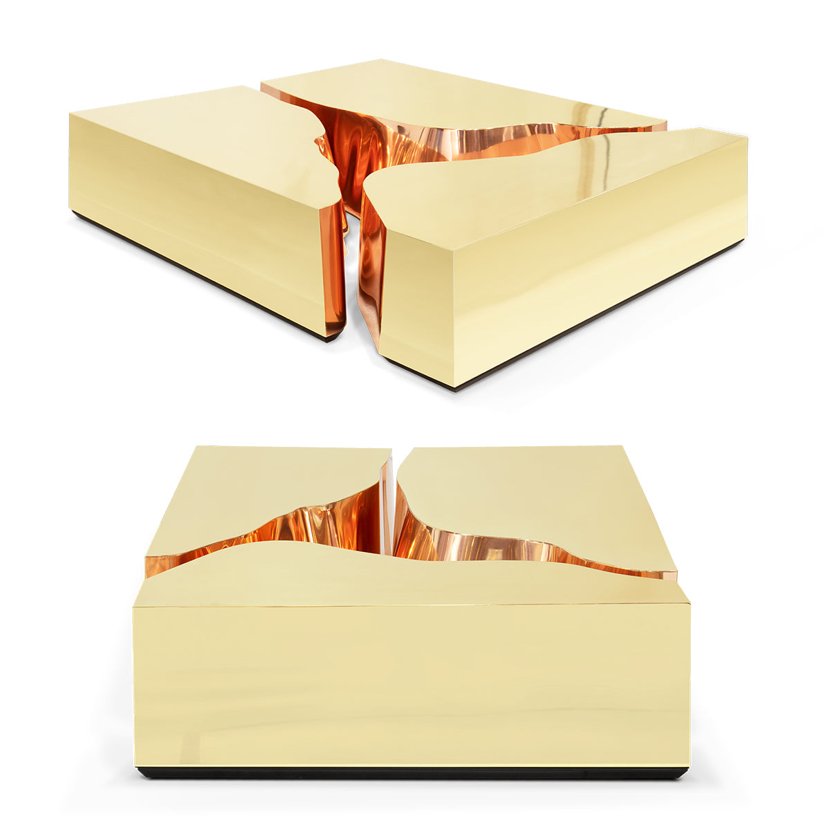 Luxury Coffee Table with Cracked Brass Sculptural Base & Smoked Glass Top Center Tea Table