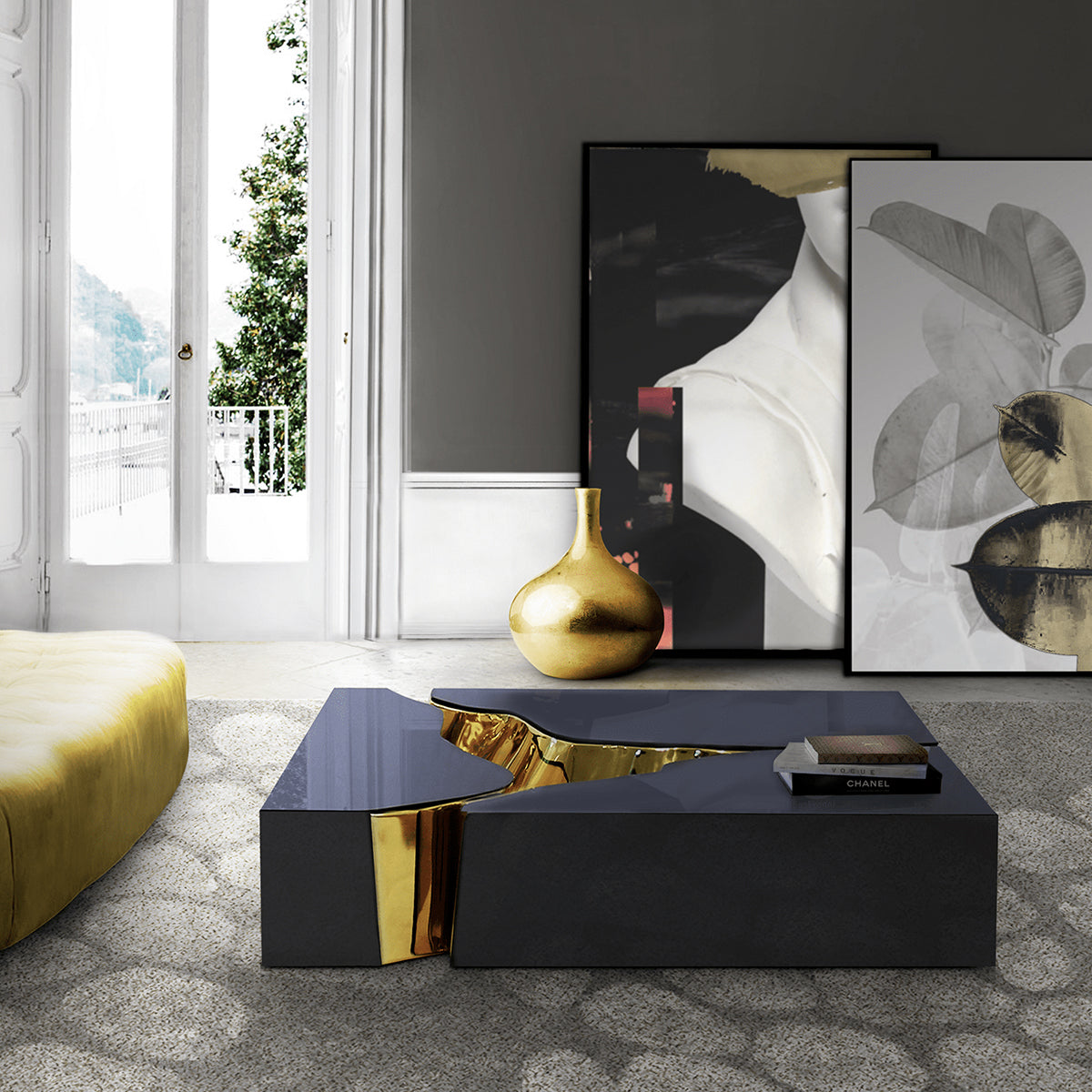 Luxury Coffee Table with Cracked Brass Sculptural Base & Smoked Glass Top Center Tea Table