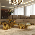 Luxury Patina Brass Coffee Table Set with Round Tiered Tops & Statement Design Center Tea Table