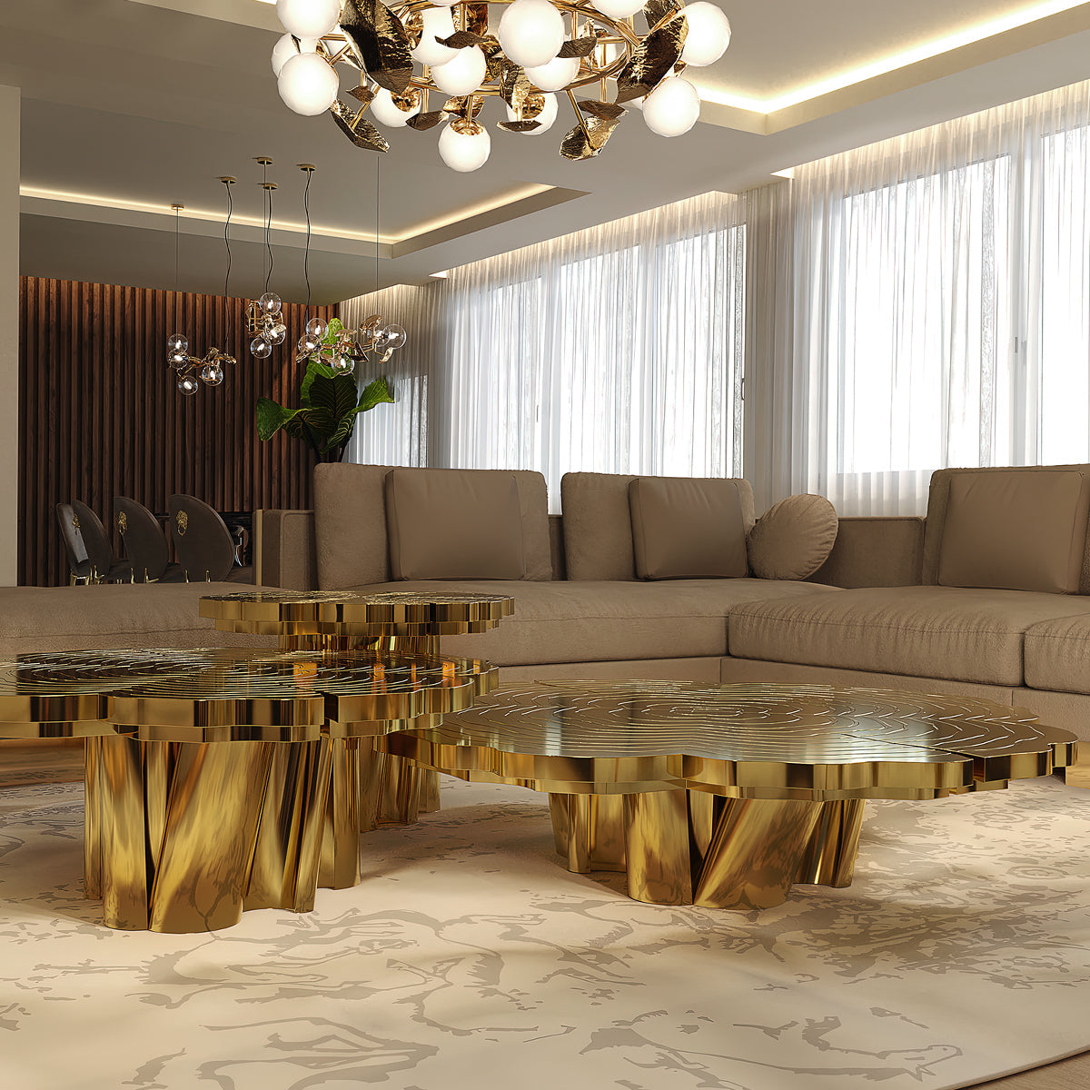 Luxury Patina Brass Coffee Table Set with Round Tiered Tops & Statement Design Center Tea Table