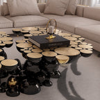 Luxury Sculptural Coffee Table with Gold Sphere Base & Black Glass Top Center Tea Table
