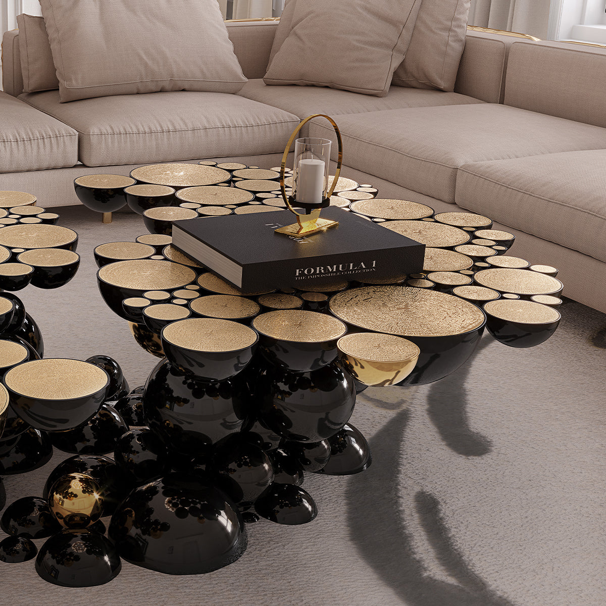 Luxury Sculptural Coffee Table with Gold Sphere Base & Black Glass Top Center Tea Table