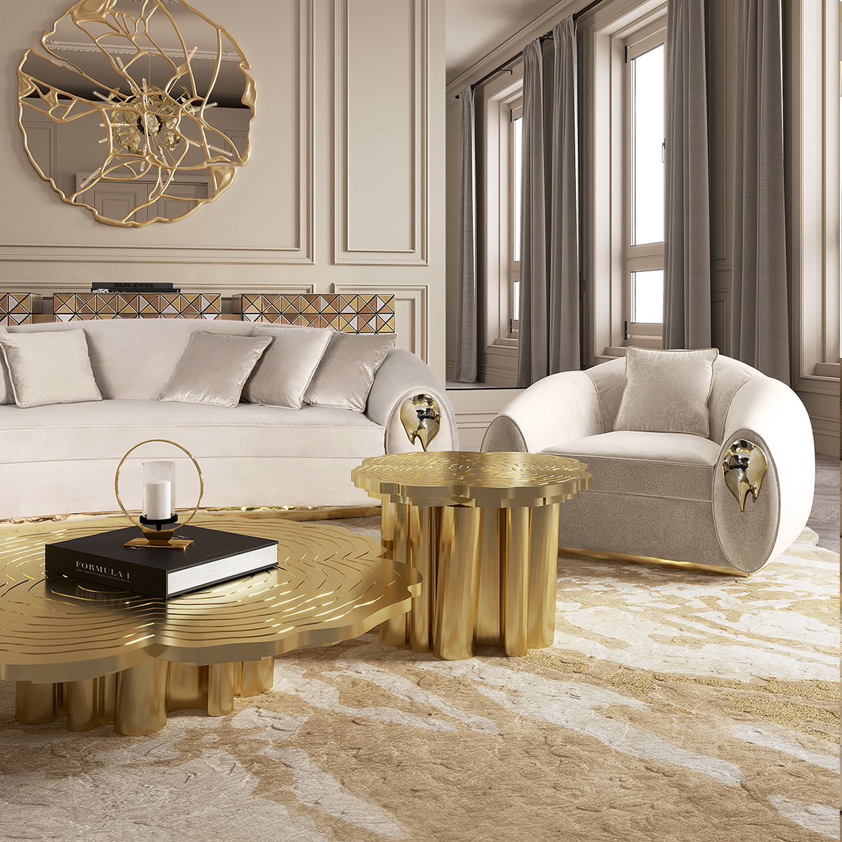 Luxury Patina Brass Coffee Table Set with Round Tiered Tops & Statement Design Center Tea Table