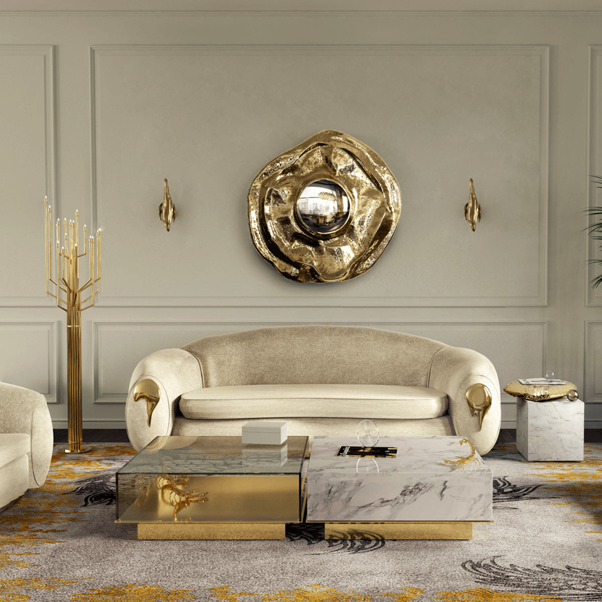 Luxury Coffee Table Set with Marble, Glass & Sculptural Gold Brass Design Center Tea Table
