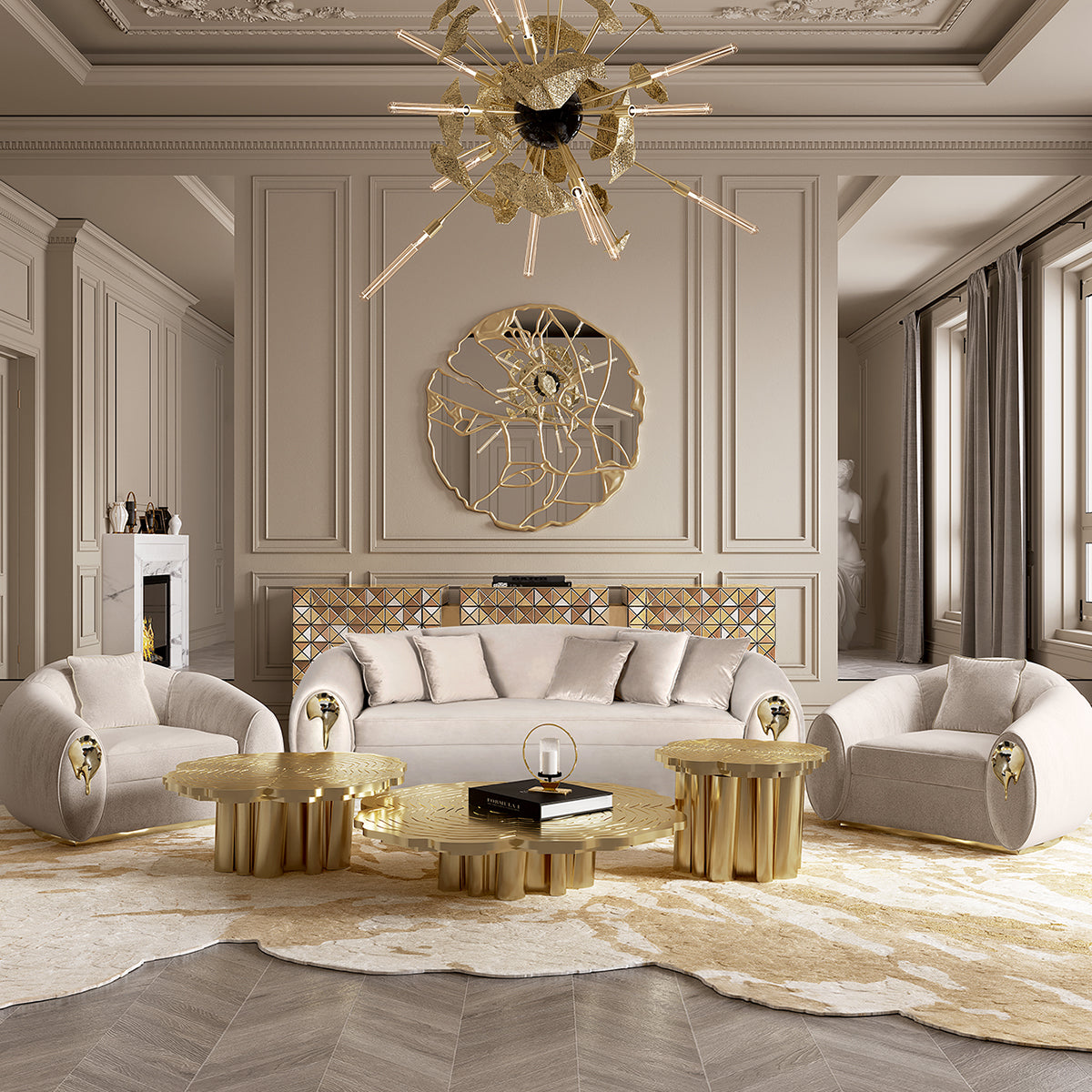 Luxury Patina Brass Coffee Table Set with Round Tiered Tops & Statement Design Center Tea Table
