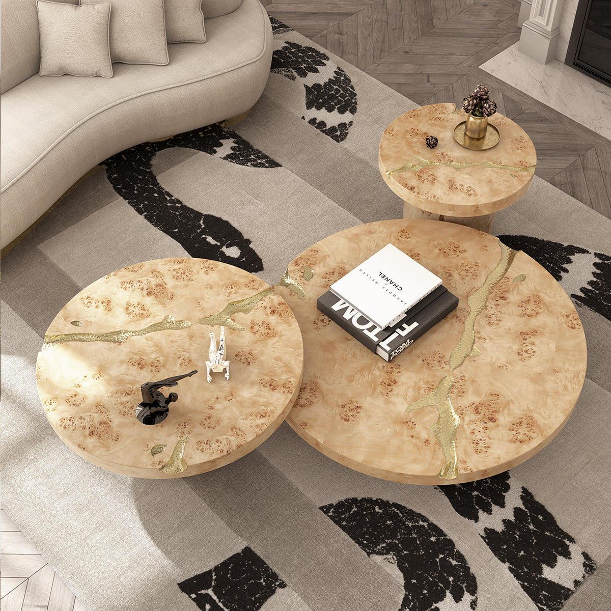 Luxury Gold Coffee Table with Round Glass Top & Sculptural Brass Base Center Tea Table