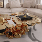 Luxury Sculptural Coffee Table with Gold Sphere Base & Black Glass Top Center Tea Table