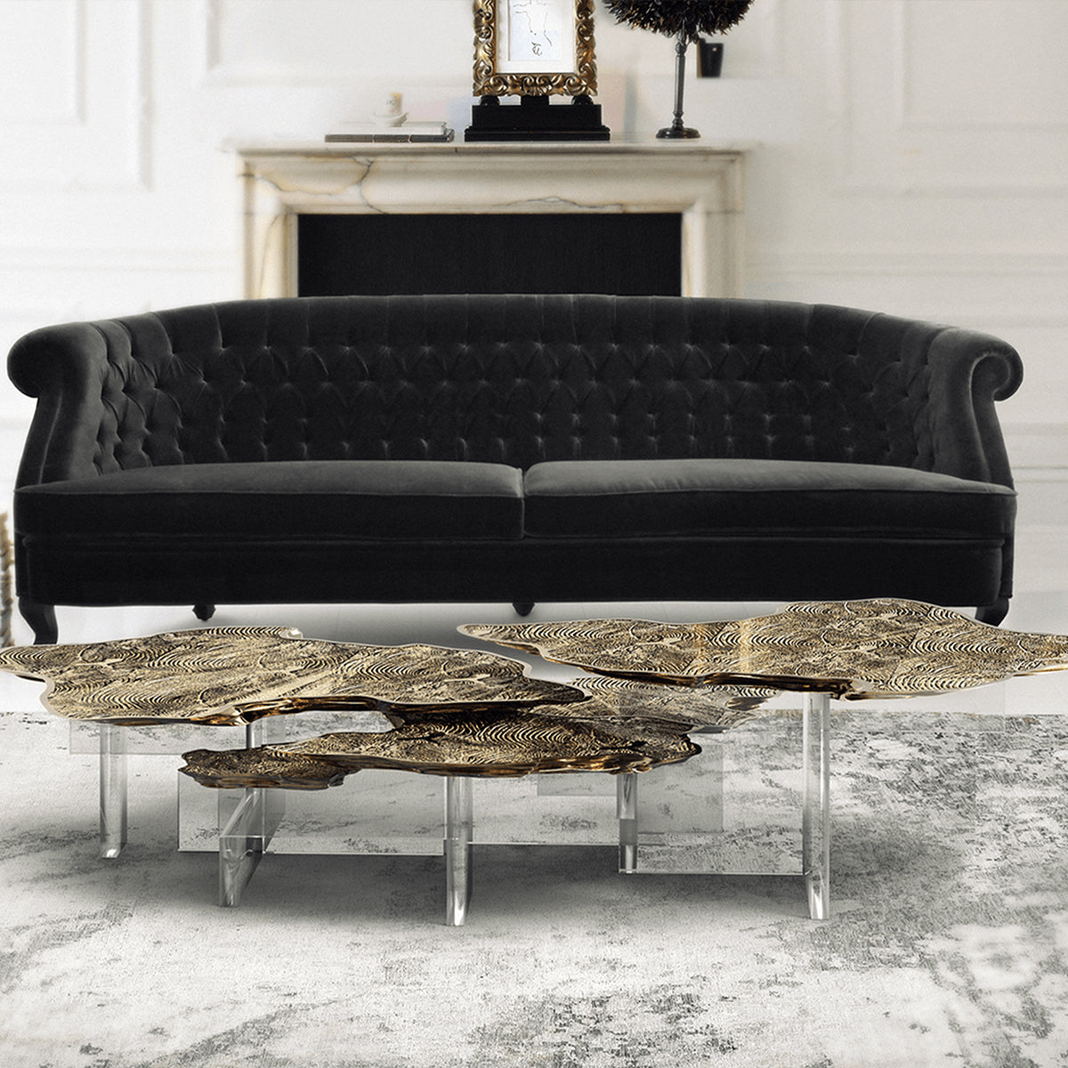 Luxury Designer Coffee Table with Hand-Painted Artistic Top & Sculptural Brass Base Center Tea Table