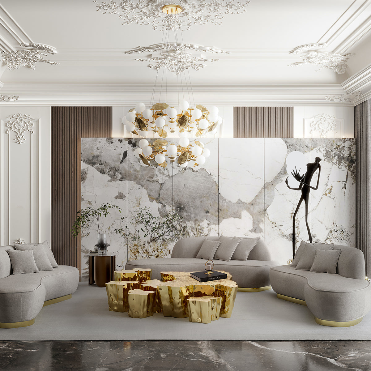 Luxury White Coffee Table with Sculptural Gold Base & Organic Modern Design Center Tea Table