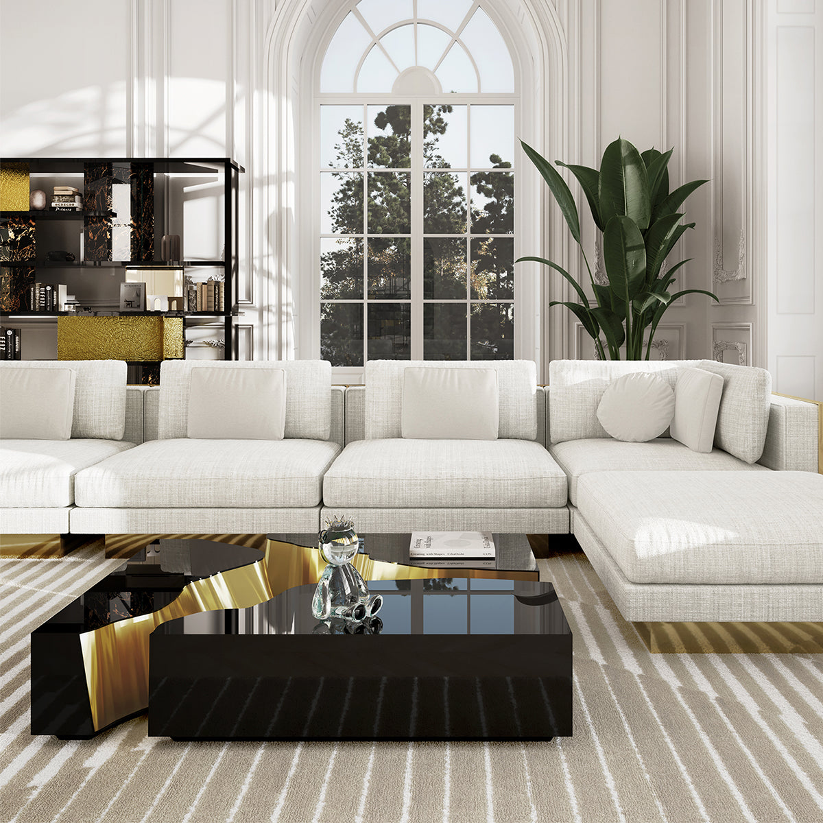 Luxury Coffee Table with Cracked Brass Sculptural Base & Smoked Glass Top Center Tea Table