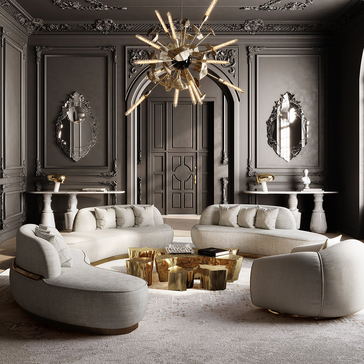 Luxury White Coffee Table with Sculptural Gold Base & Organic Modern Design Center Tea Table