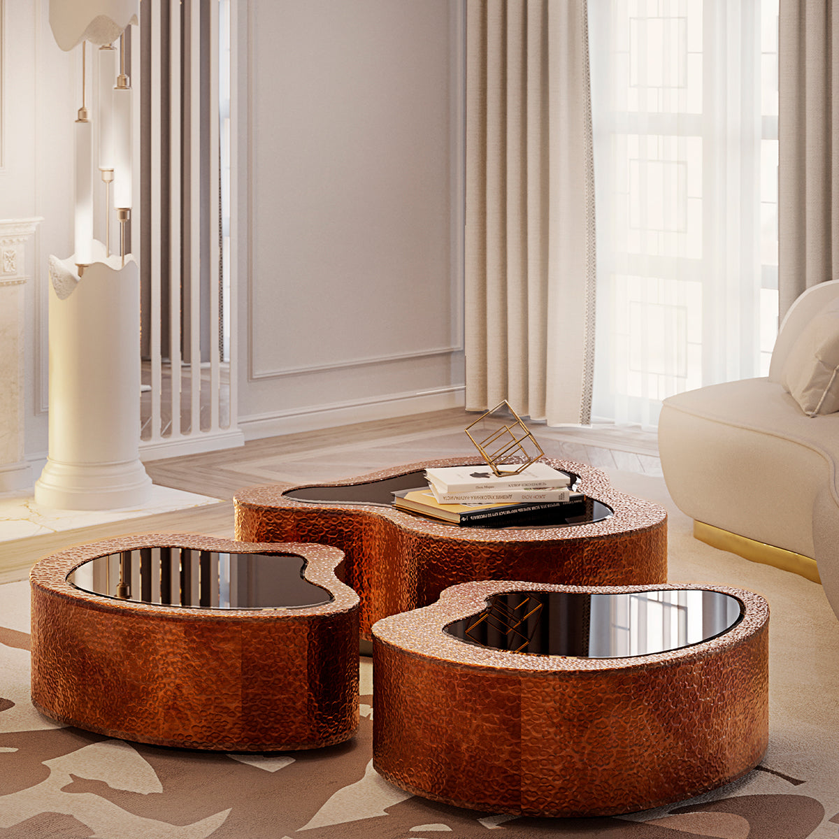 Luxury Hammered Brass Coffee Table with Wave Sculptural Design & Artisan Craftsmanship Center Tea Table