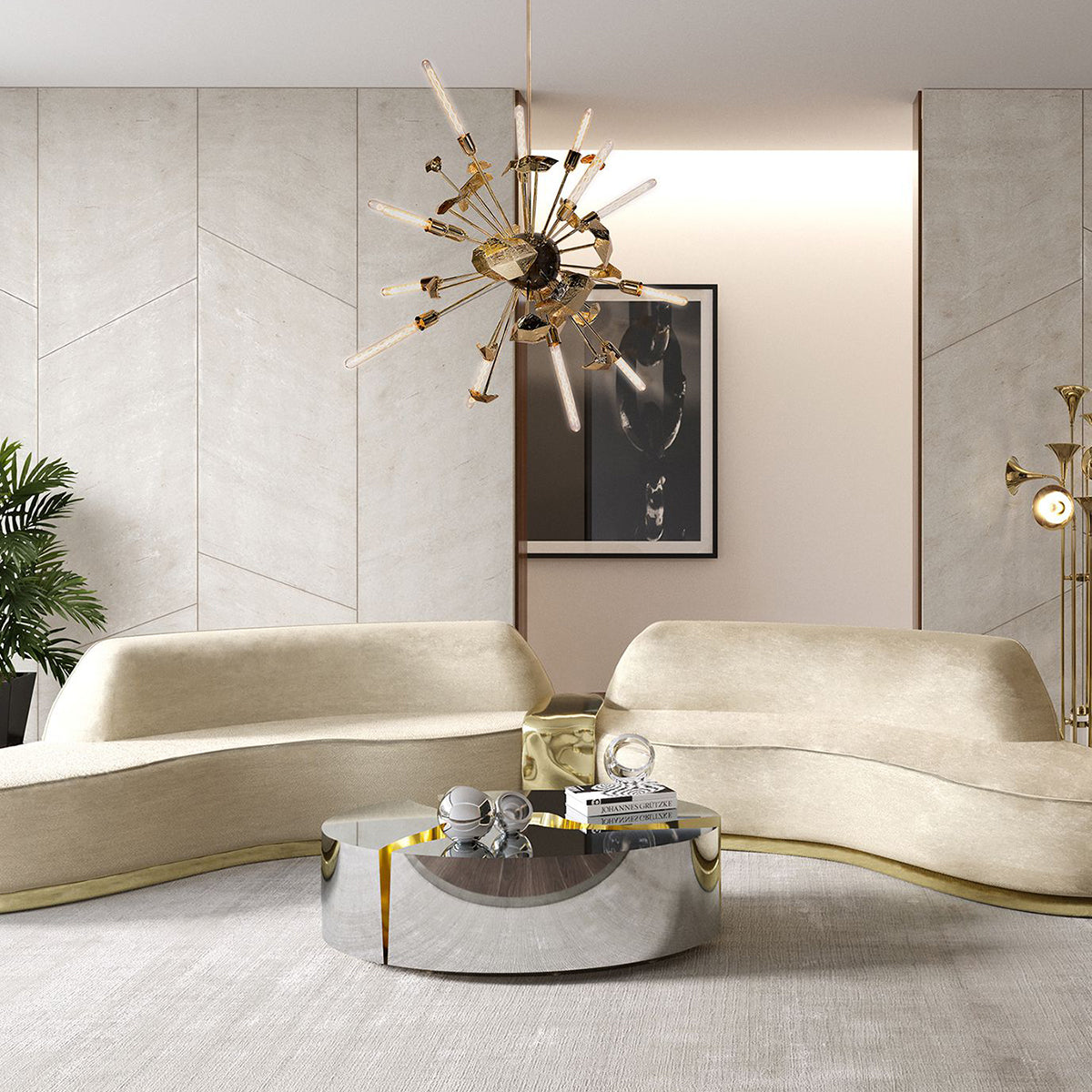 Luxury Oval Coffee Table with Sculptural Brass Accents & High Gloss Finish Center Tea Table
