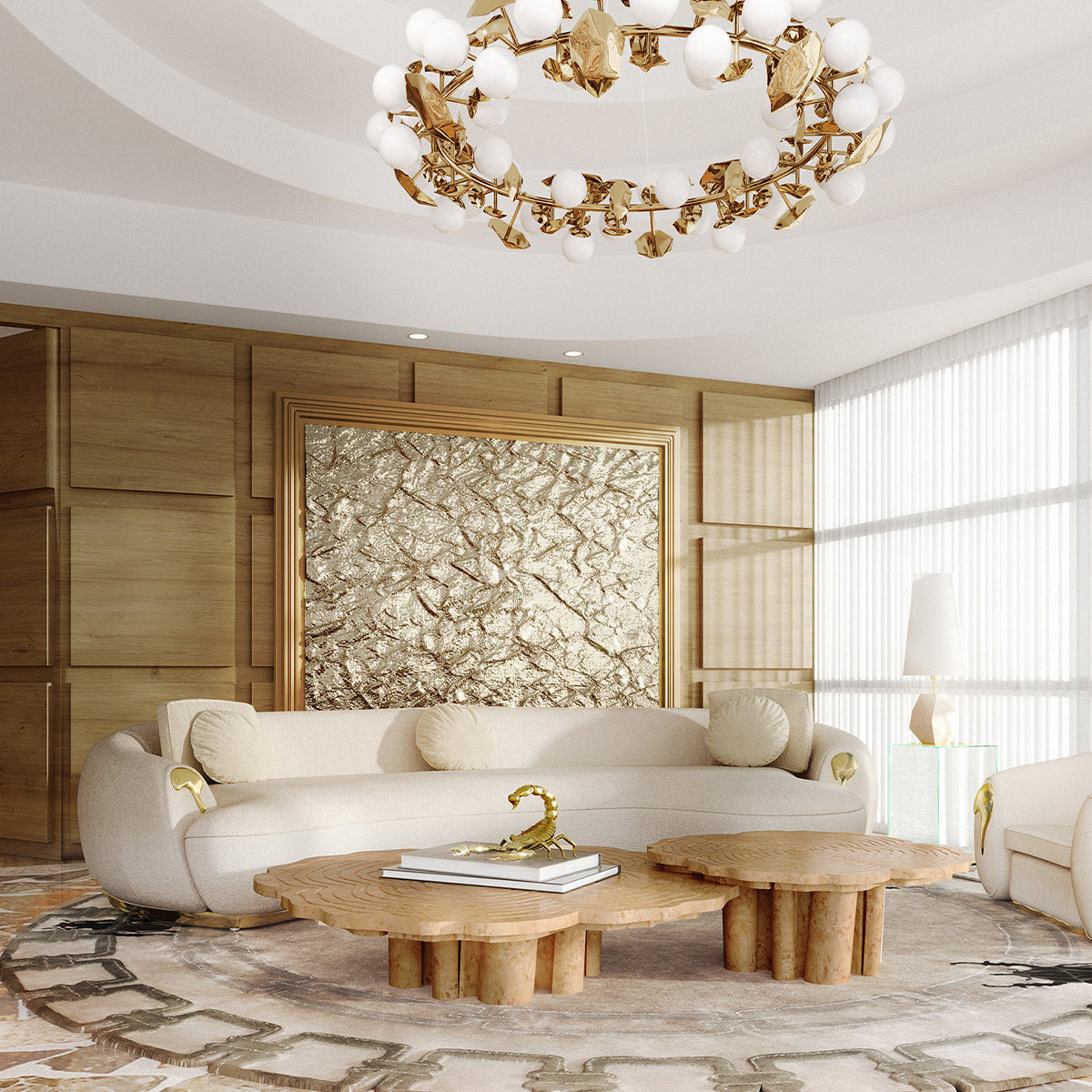 Luxury Patina Brass Coffee Table Set with Round Tiered Tops & Statement Design Center Tea Table