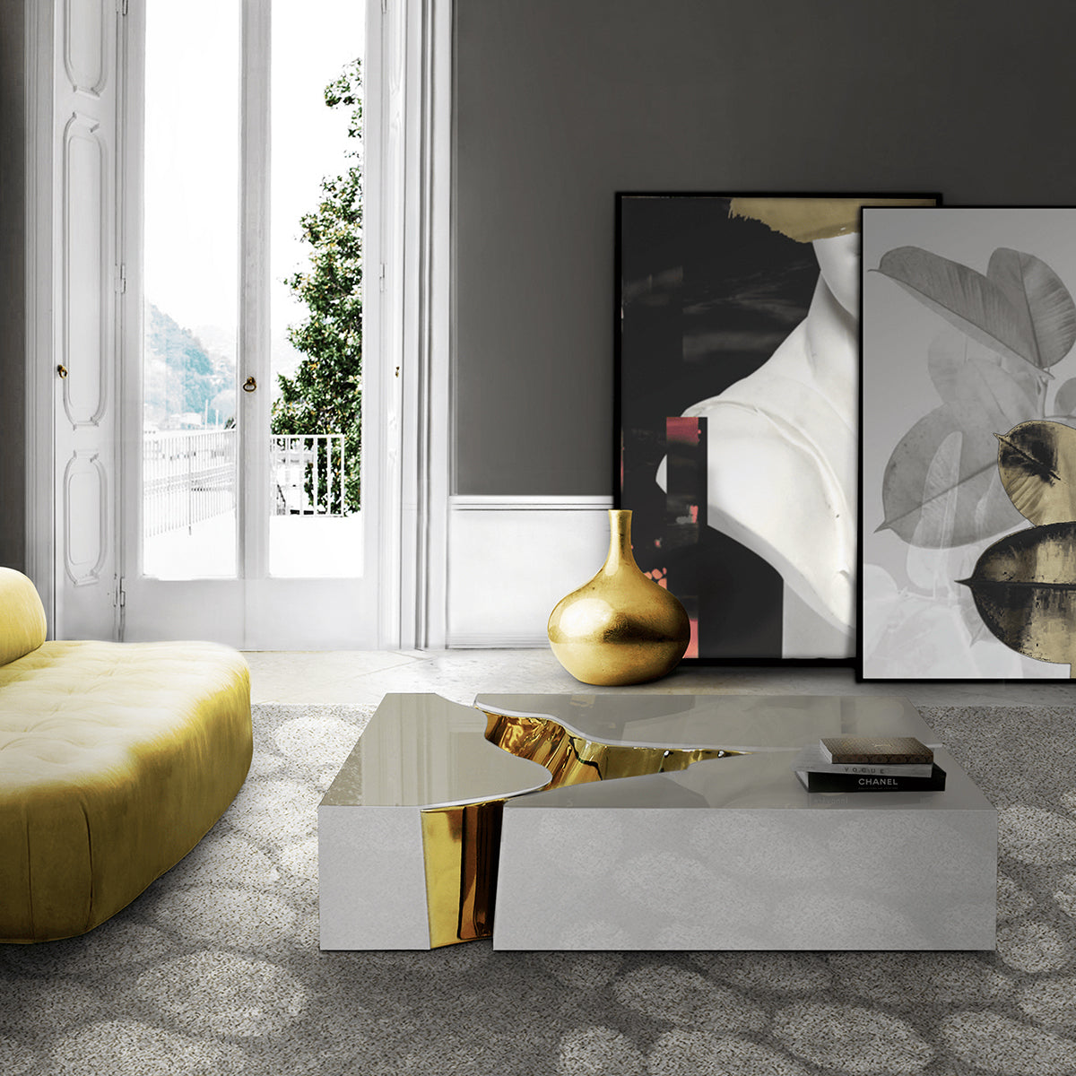 Luxury Coffee Table with Cracked Brass Sculptural Base & Smoked Glass Top Center Tea Table