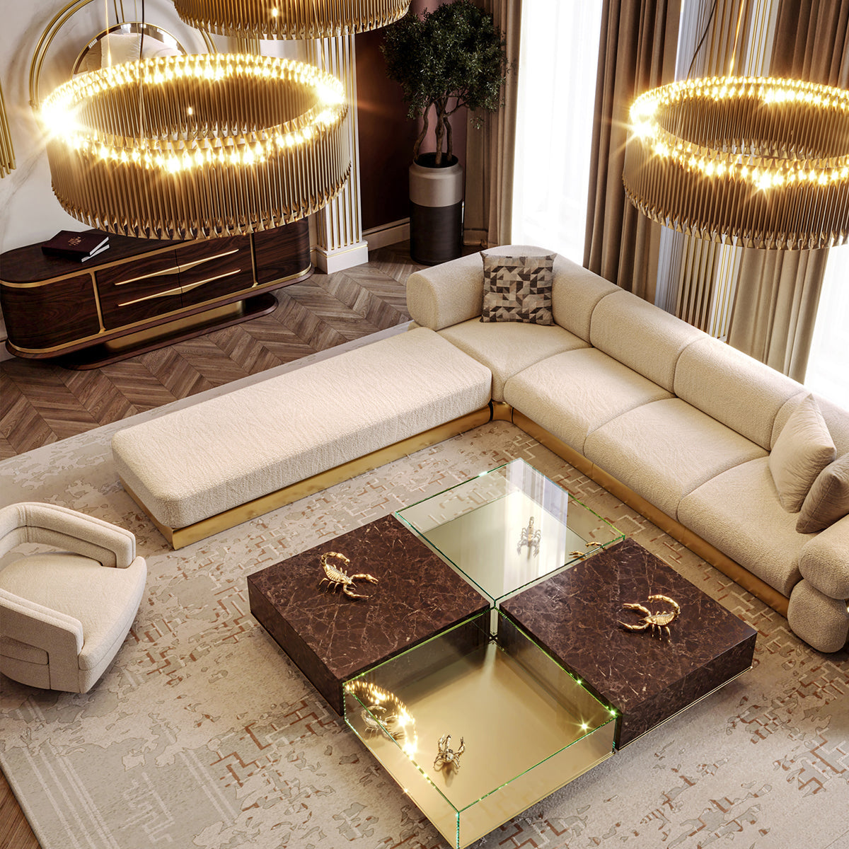 Luxury Coffee Table Set with Marble, Glass & Sculptural Gold Brass Design Center Tea Table