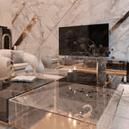 Luxury Coffee Table Set with Marble, Glass & Sculptural Gold Brass Design Center Tea Table