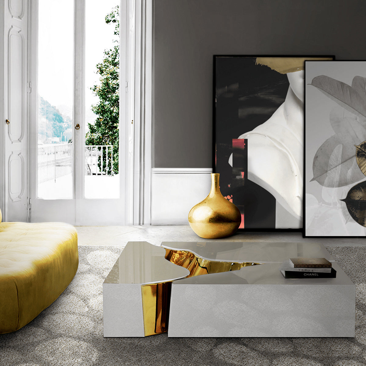 Luxury Coffee Table with Cracked Brass Sculptural Base & Smoked Glass Top Center Tea Table
