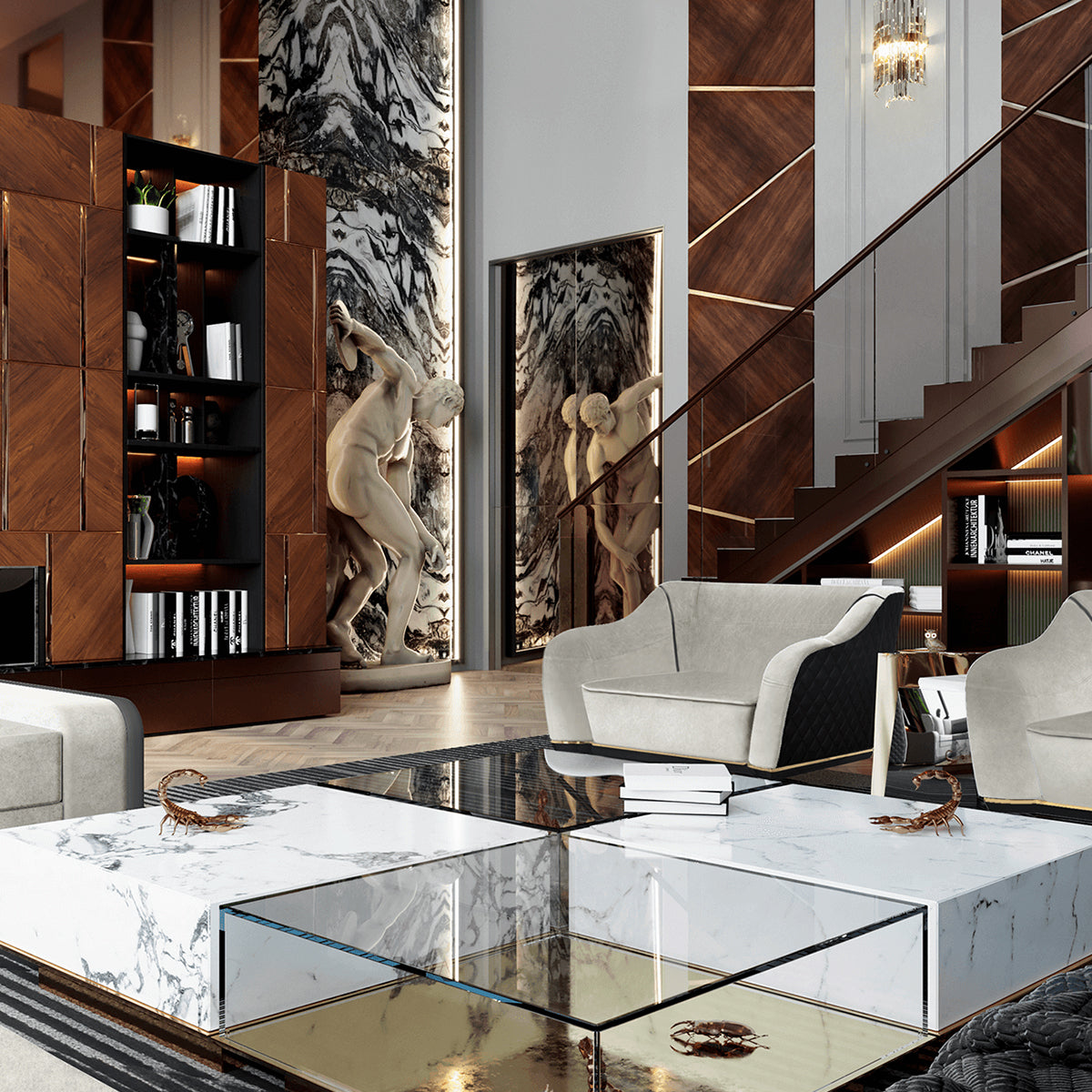 Luxury Coffee Table Set with Marble, Glass & Sculptural Gold Brass Design Center Tea Table