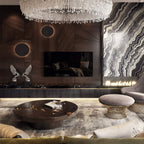 Luxury Gold Coffee Table with Round Glass Top & Sculptural Brass Base Center Tea Table