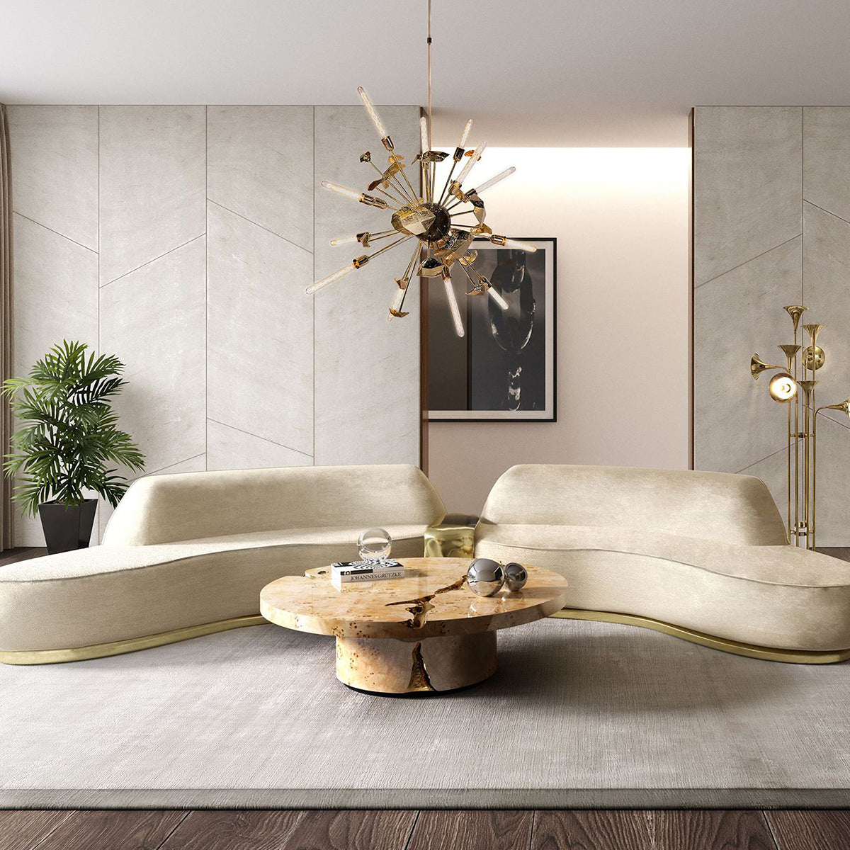 Luxury Gold Coffee Table with Round Glass Top & Sculptural Brass Base Center Tea Table