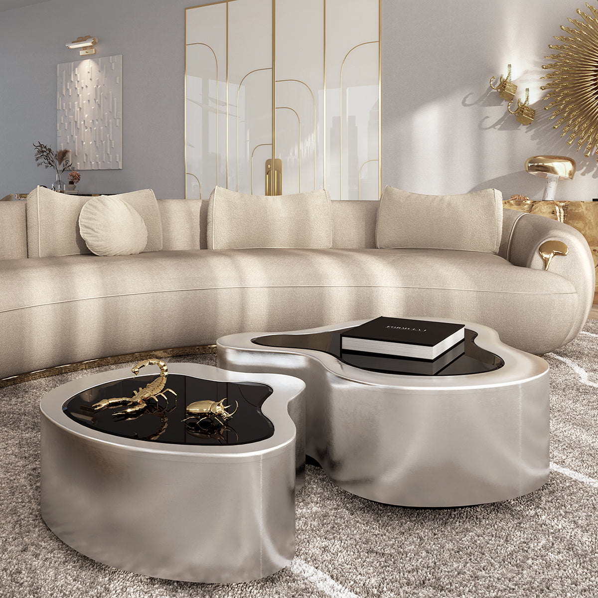 Luxury Hammered Brass Coffee Table with Wave Sculptural Design & Artisan Craftsmanship Center Tea Table