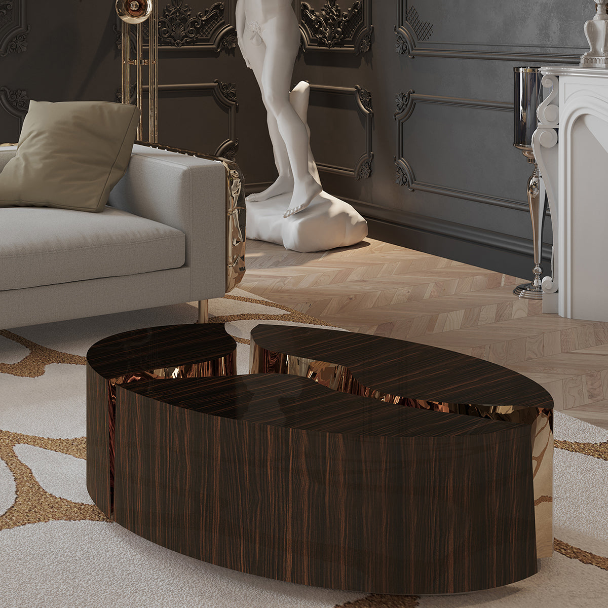 Luxury Oval Coffee Table with Sculptural Brass Accents & High Gloss Finish Center Tea Table