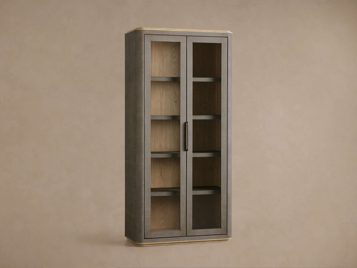 Harrow Tall Display Cabinet Faux Shagreen Finish with Oak Wood Storage Cabinet