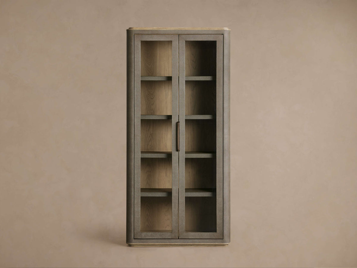 Harrow Tall Display Cabinet Faux Shagreen Finish with Oak Wood Storage Cabinet