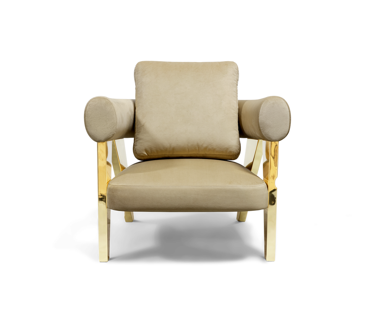 Luxury Sculptural Armchair with Polished Hammered Brass Legs & Curved Upholstery Design
