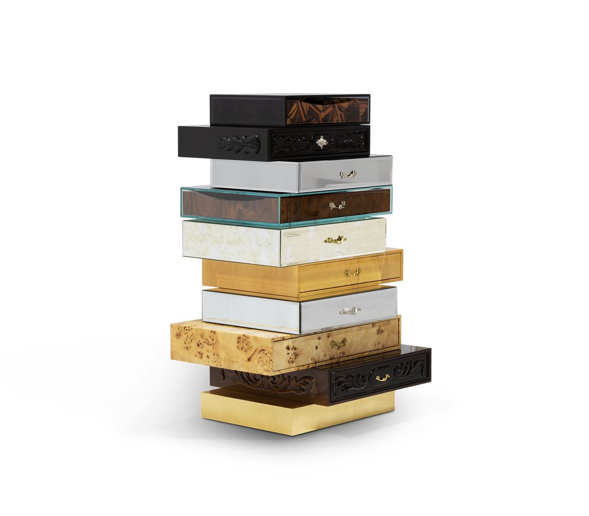 Luxury Chest of Drawers with Mixed Wood Finishes, Brass Details & Designer Storage