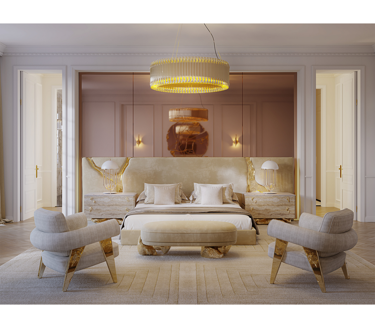 Luxury Sculptural Armchair with Polished Hammered Brass Legs & Curved Upholstery Design