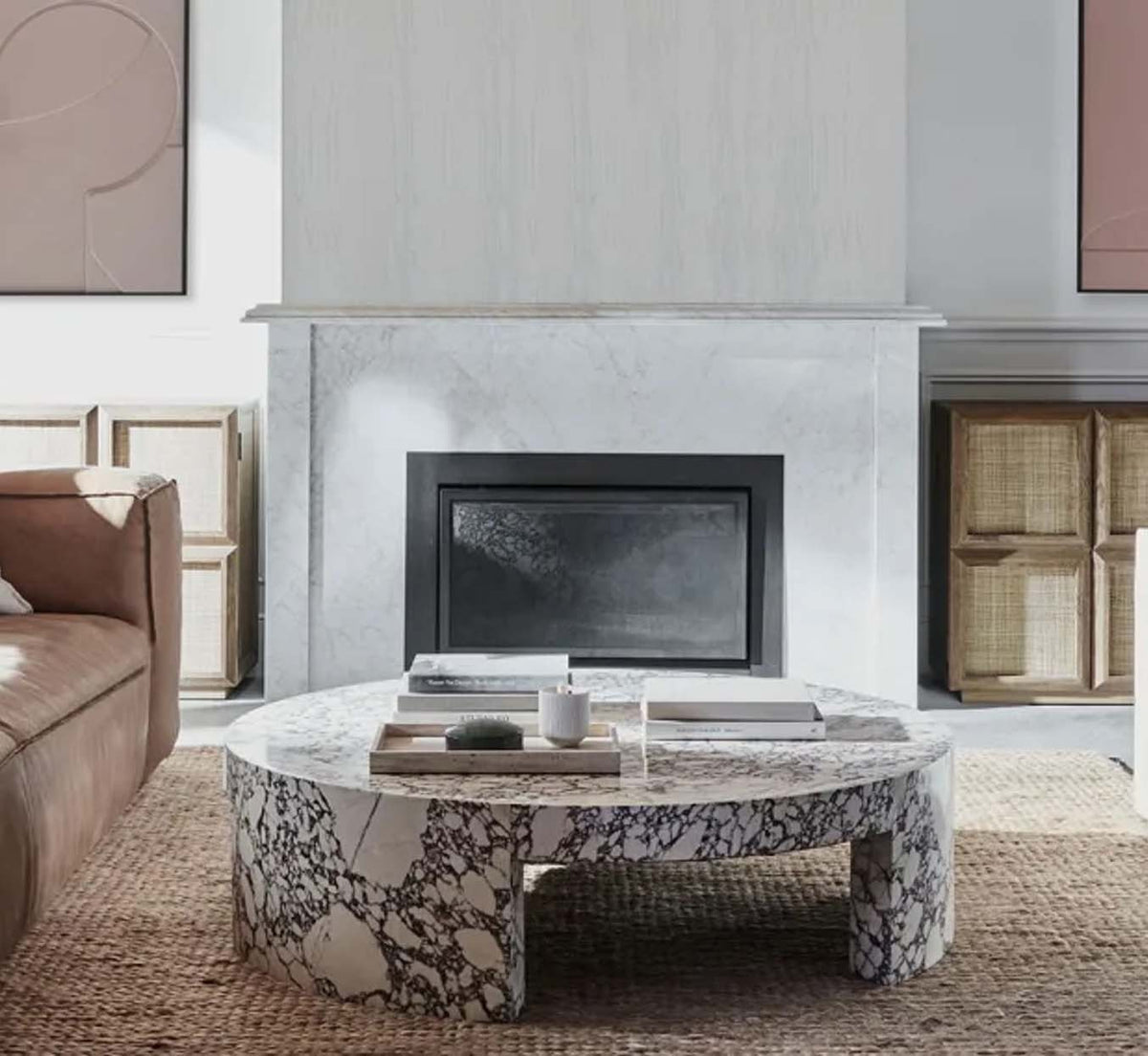 Runder Couchtisch Veneta mit Carrara-Marmor-Furnierplatte für Wohnzimmer und Holztisch