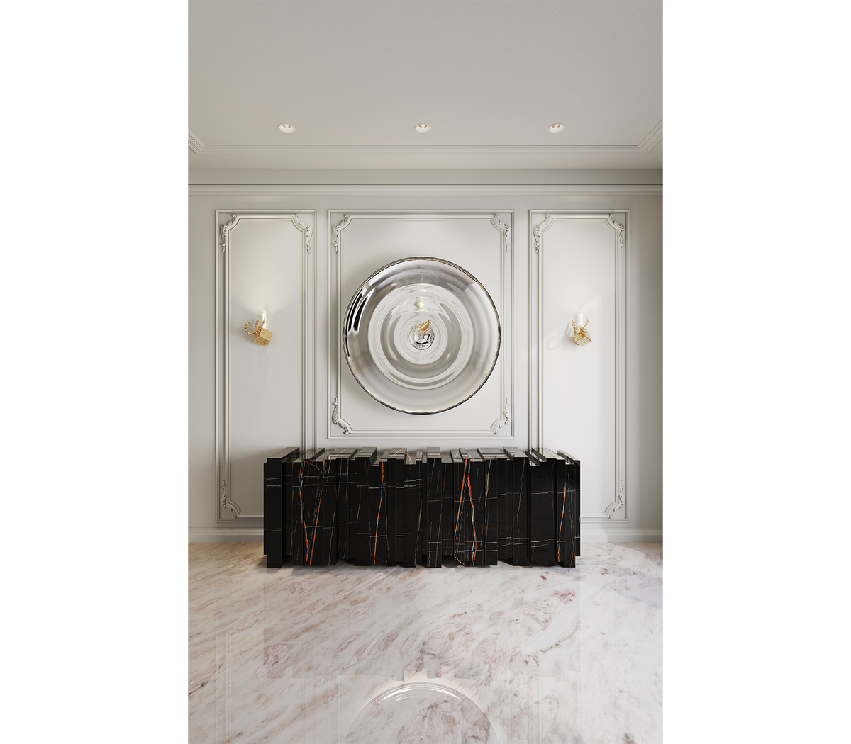 Luxury Sculptural Sideboard Cabinet with Black Gold Finish & Hidden Storage