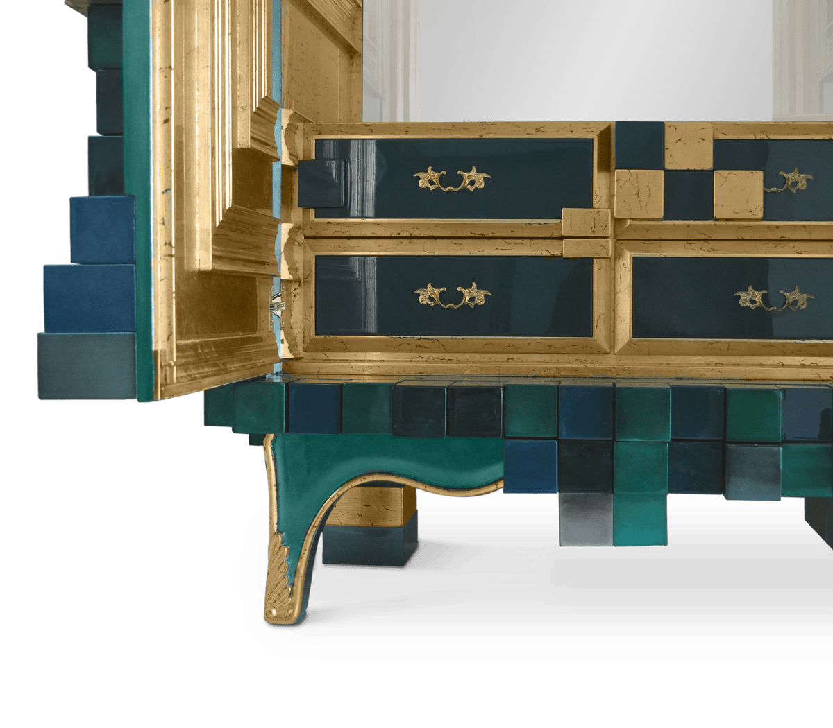Luxury Display Cabinet with Geometric Pixel Design, Glass Shelves & Storage