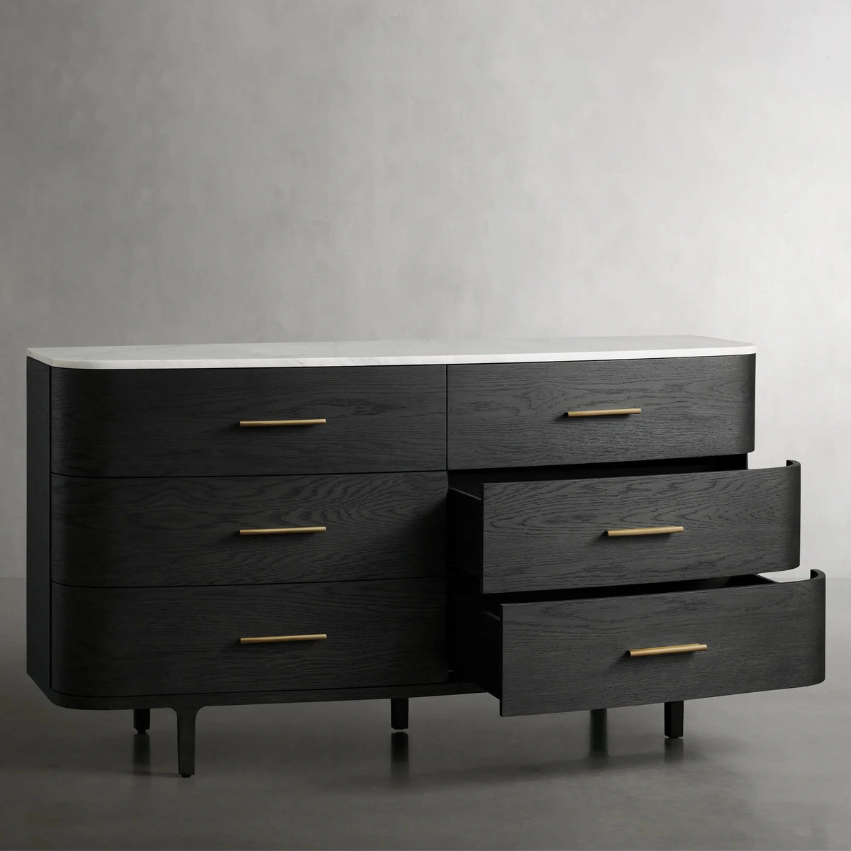 Commode Danny Wood à six tiroirs avec plateau en marbre, meuble de rangement à six tiroirs