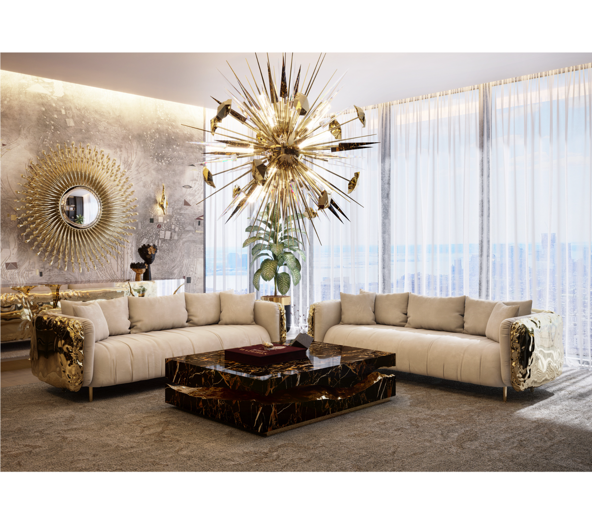 Luxury Carrara Marble Coffee Table with Sculptural Brass Frame & Organic Design