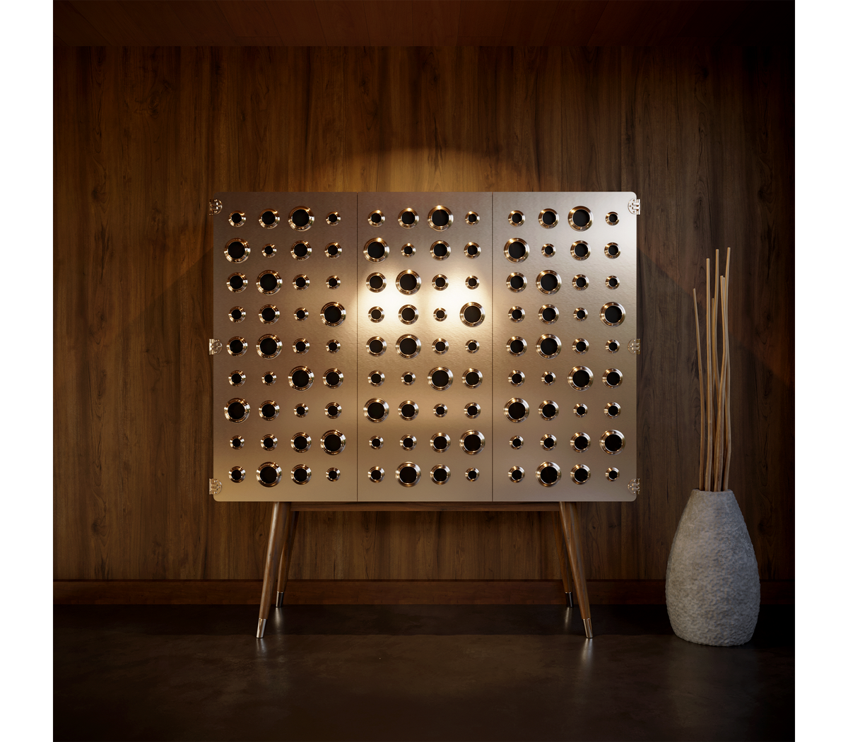 Luxury Walnut Bar Cabinet with Brass Accents & Hidden Storage