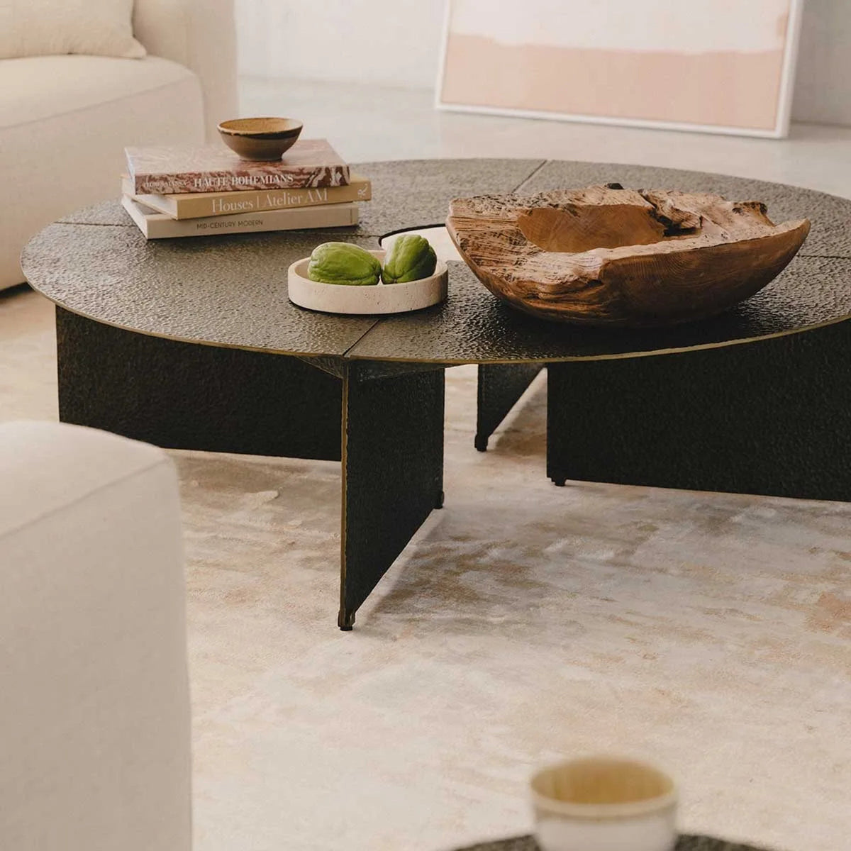Bowie Coffee Table with Hammered Cast Aluminum Sofa Center Tea Table in Antiqued Bronze