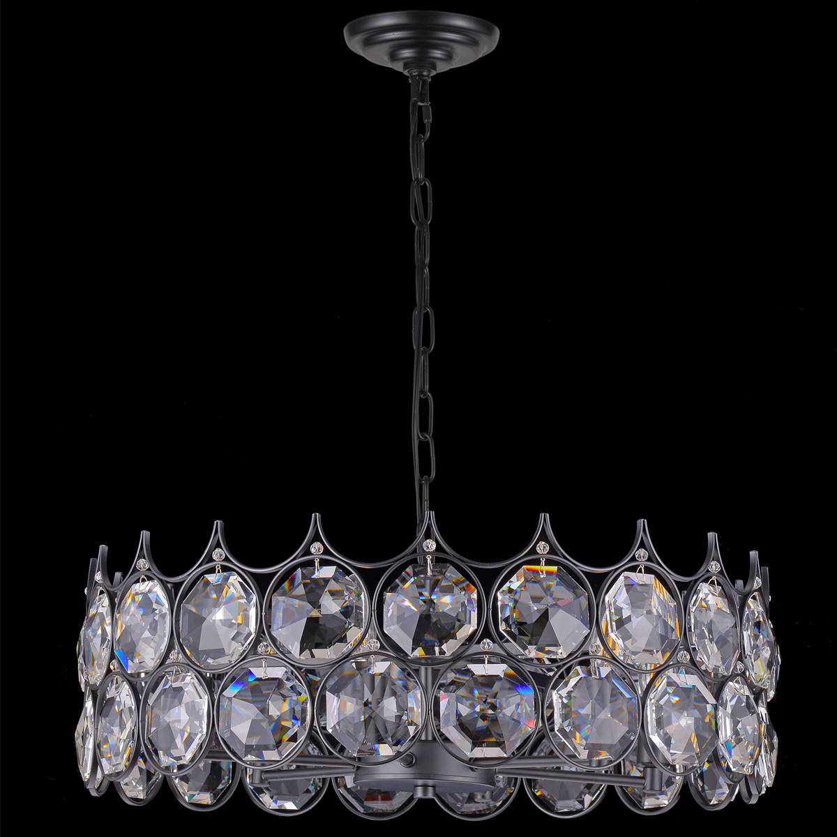 Luxury 24x24x8.3 inch Black Metal Crystal Chandelier with 39.4 inch Hanging Chain – Elegant Decorative Lighting Fixture