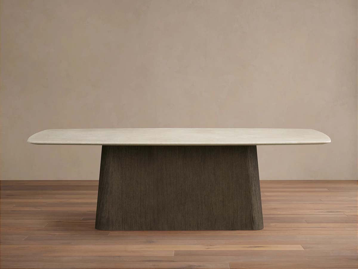 Table de salle à manger Saint Germain en pierre avec piètement Toulouse en bois et marbre de pierre naturelle