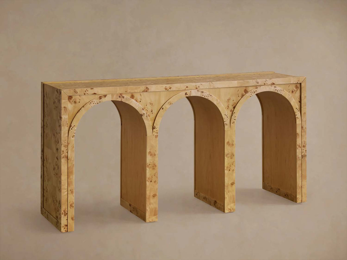 Hattie Wood Console Entryway Table with Natural Burl Veneers Arch Design Hallway Entrance Table