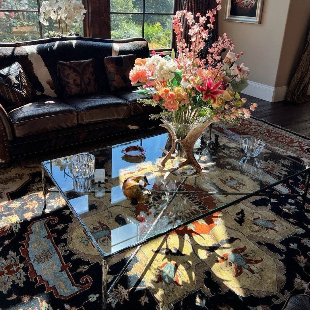 Thaddeus Hand-Forged Glass Coffee Table Square Metal for Living Room