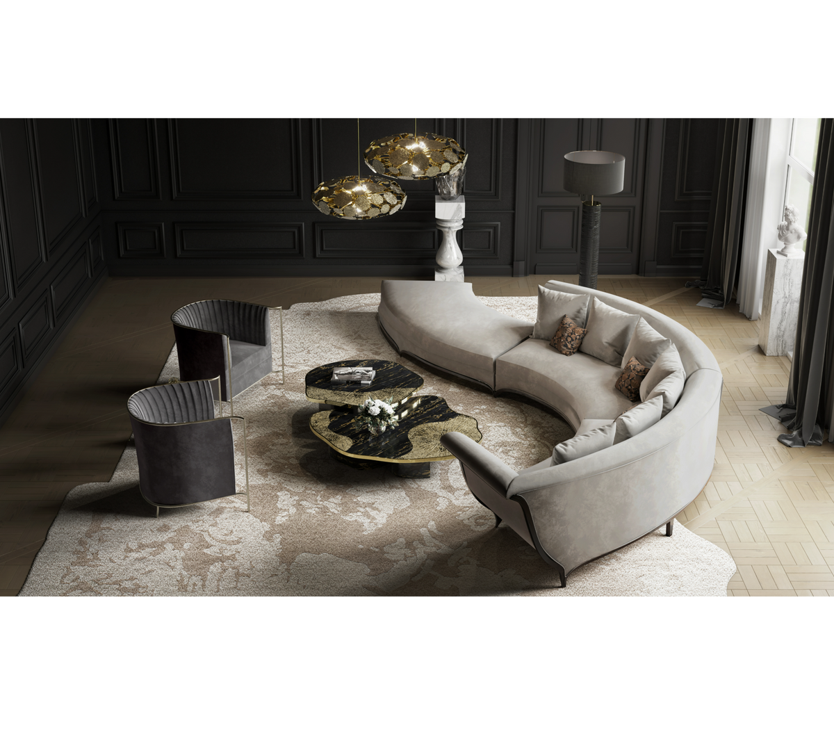 Luxury Calacatta Marble Coffee Table with Black Sculptural Base & Modern Design Center Tea Table