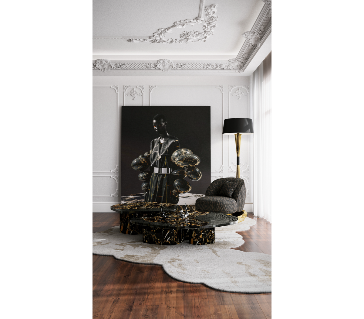 Luxury Calacatta Marble Coffee Table with Black Sculptural Base & Modern Design Center Tea Table